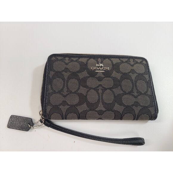 Coach Signature Canvas Long Zip Around Wallet Wristlet Black Grey - Picture 1 of 5